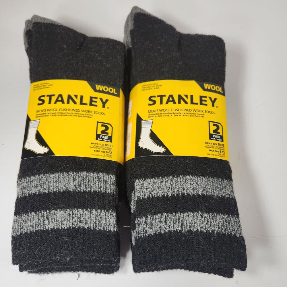 (2) Stanley Wool Blend Cushioned Work Socks 2 in Package Men's 10-13 Black/Gray
